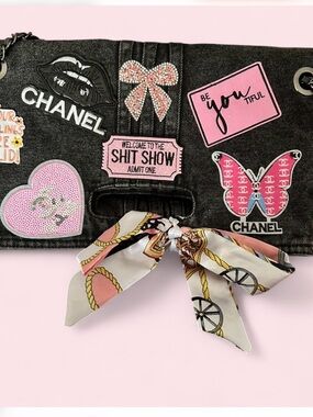 Junk bag Black Denim Patchwork Clutch with Pink Accents. Scarf not included